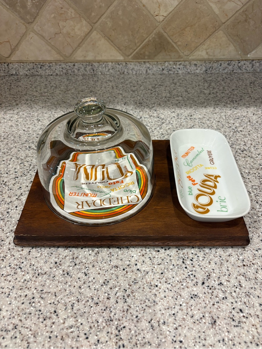 Vintage Wood Serving Tray Set w/ Glass Dome Lid & Ceramic Cheese. Gail & Craft
